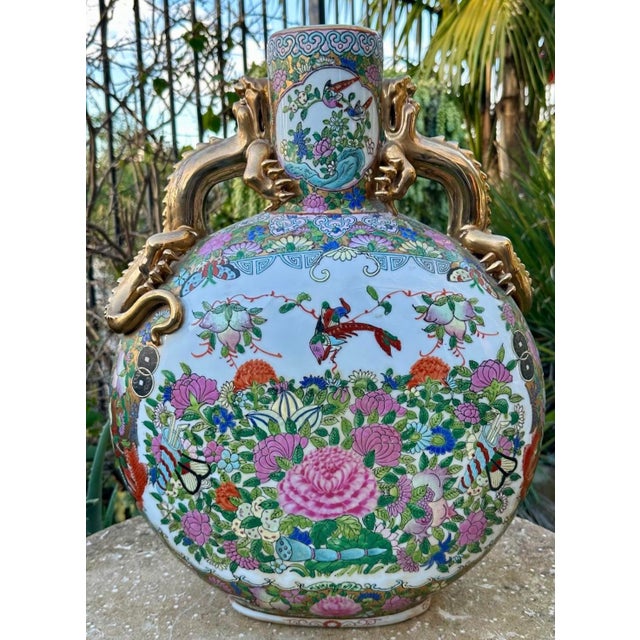 Large Antique 19th Century Chinese Famille Rose Porcelain Moon Flask with Gilt Dragon Handles – 20” Tall Description A...