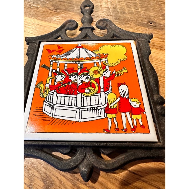 1970s Vintage Trivet Cast Iron Ceramic Tile For Sale - Image 5 of 6