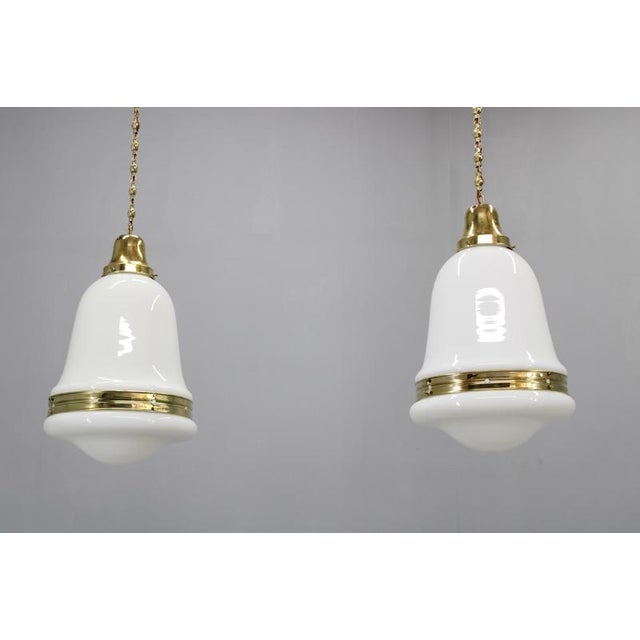 Luzette Pendant Lights in Opaline Glass and Brass by Peter Behrens for Aeg, 1930s, Set of 2 For Sale - Image 4 of 17