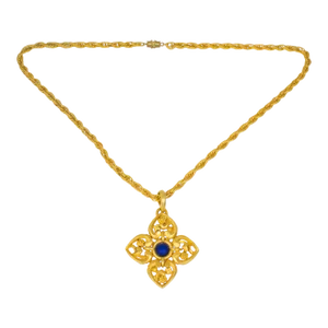 Lanvin Paris Gilt Metal Pendant Necklace With Blue Poured Glass Cabochon