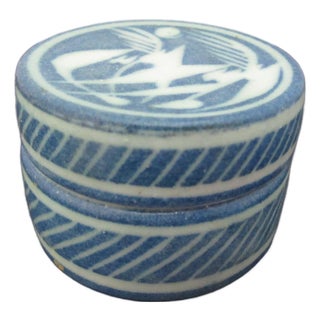 Blue Abstract Graphic Design Round Lidded Studio Pottery Box For Sale