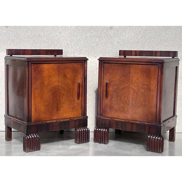 Art Deco Walnut Slab Side Cabinets or Nightstands With Carved Base, 1930s For Sale - Image 4 of 11