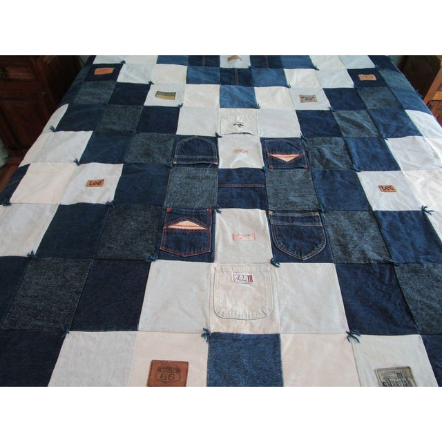 Traditional Upcycled Vintage Denim Patchwork Quilt Handmade Squares Labels Pockets Euc For Sale - Image 3 of 4