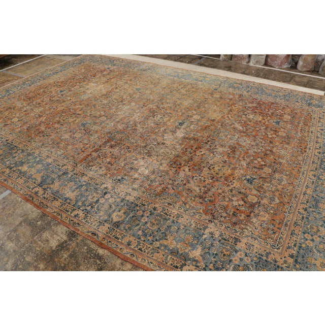 Persian Antique Kerman Lavar Orange-Brown and Blue Wool Persian Floral Rug For Sale - Image 3 of 9