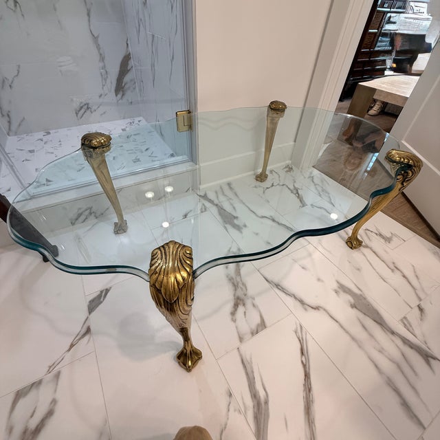 Hollywood Regency Vintage P. E. Guerin Style Glass Coffee Table With Brass Legs For Sale - Image 3 of 10