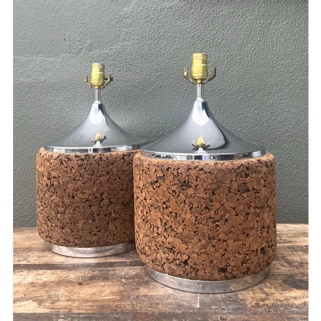Coffee Vintage 70s Chrome and Cork Lamps - A Pair For Sale - Image 8 of 12