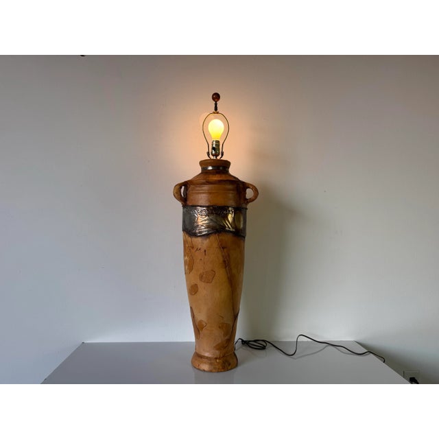 1980s Vintage Organic Modern Wrapped Leather and Embossed Metal Table Lamp/ Sold For Sale - Image 4 of 12