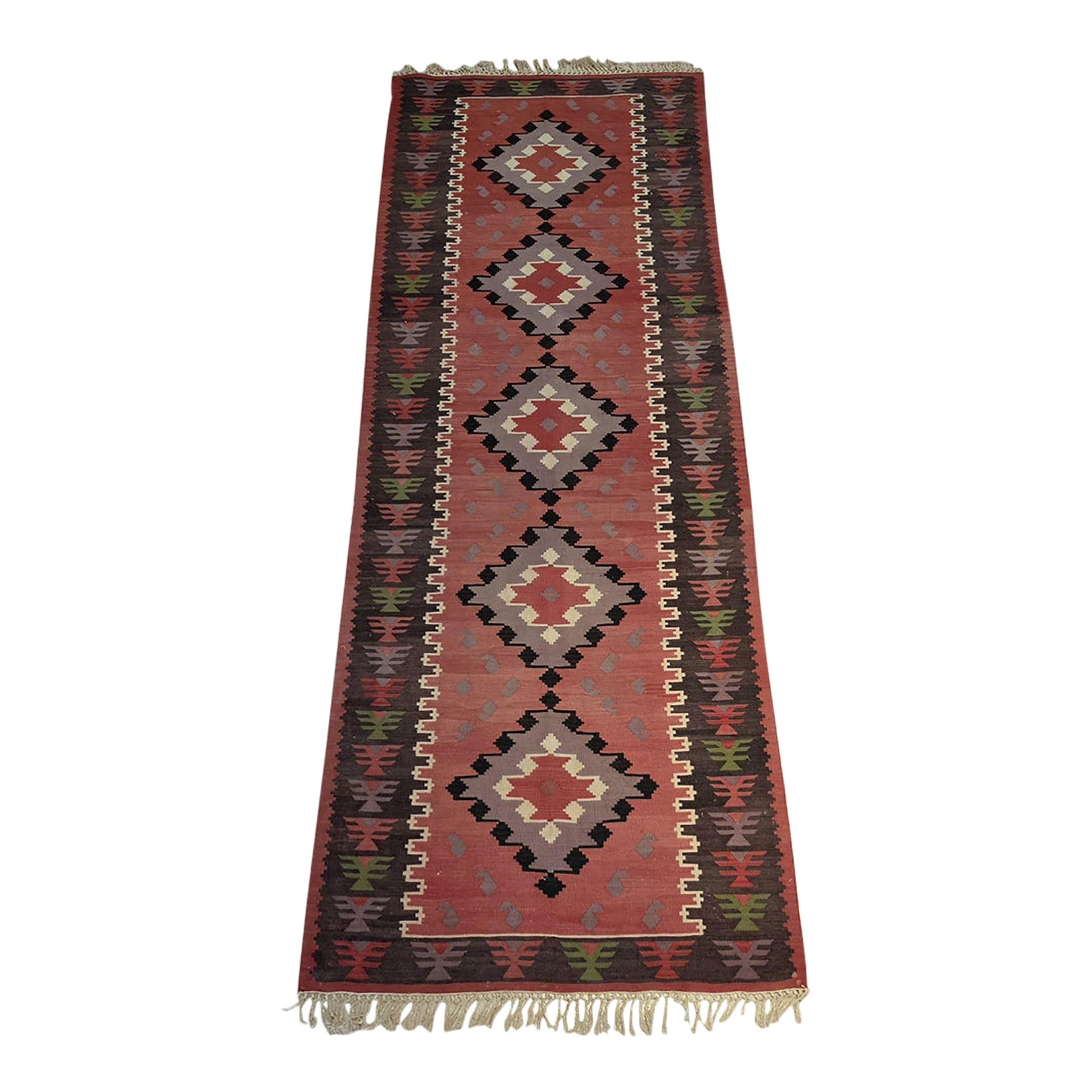 Vintage Turkish Kilim Runner Rug – Rust Red Geometric Tribal Design – 3 ...