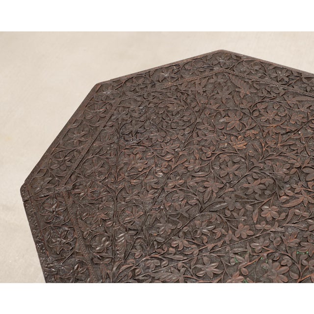 Wood Anglo-Indian Kashmiri Style Carved Wood Octagonal Side Table For Sale - Image 7 of 18