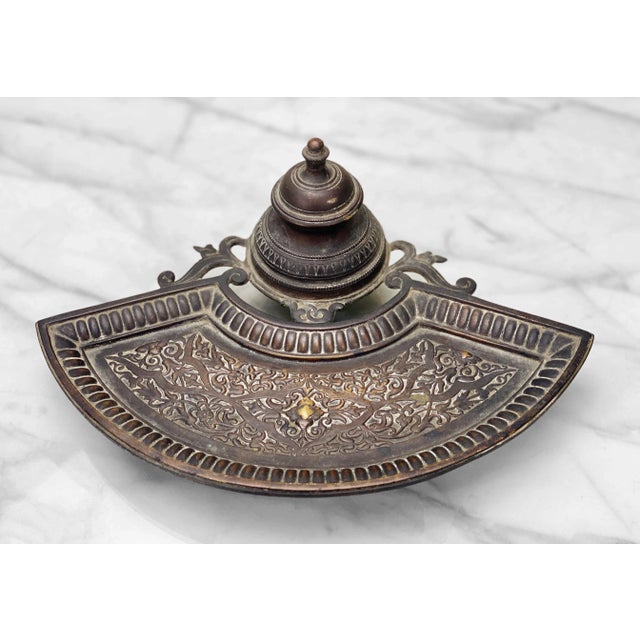 French Antique French Empire Bronze Fountain Pen Rest Inkwell For Sale - Image 3 of 11