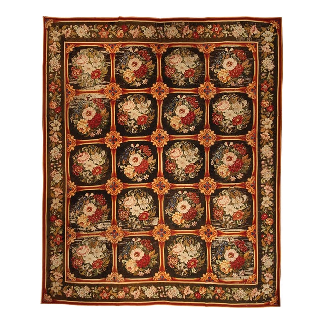 Antique Needlepoint Rug in Brown, Red and Green Floral Pattern For Sale