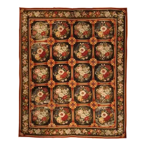 Antique Needlepoint Rug in Brown, Red and Green Floral Pattern