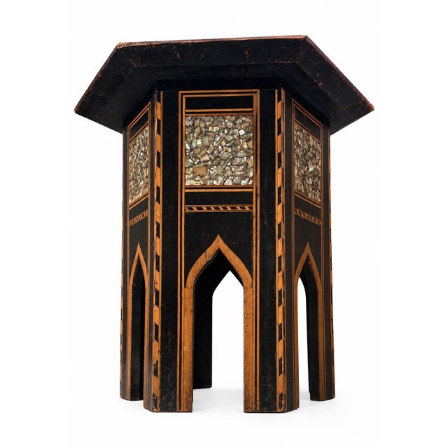 19th Century Hand-Crafted Moroccan Hexagonal Pedestal Table with Ebonised Wooden Top, & Repetitive Geometric Inlaid...