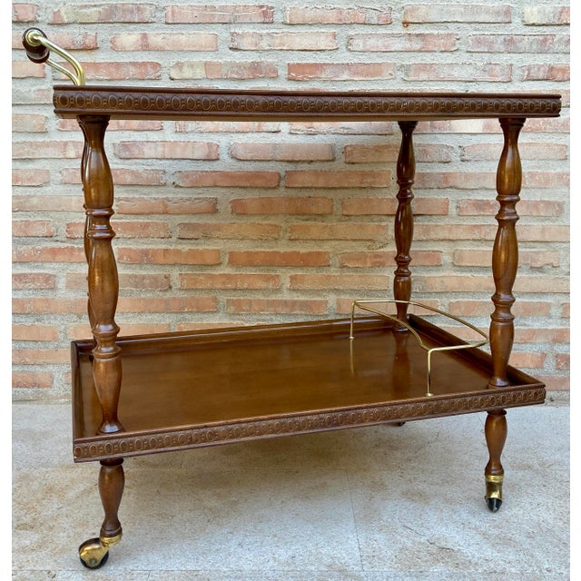 Wood Mid-Century French Mahogany and Brass Serving Bar Cart, 1960s For Sale - Image 7 of 15