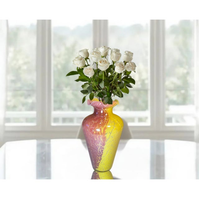 Vintage 14 In. Tall Murano Pink Yellow Spatter Confetti Vase For Sale - Image 13 of 18