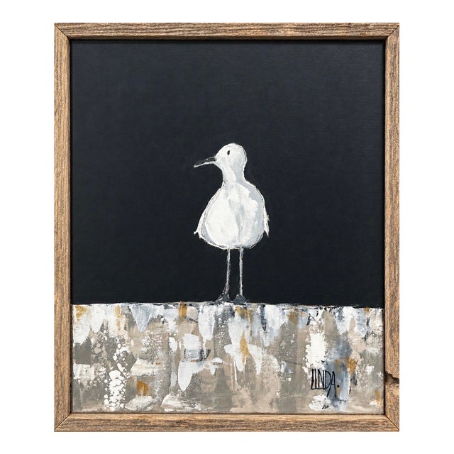 Original Seagull Bird Acrylic Painting, Linda Hilbrants, Signed & Framed, 20” H × 16” W For Sale