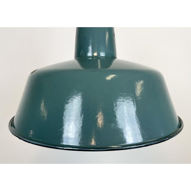 Industrial Green Enamel Factory Lamp with Cast Iron Top, 1960s For Sale - Image 4 of 15