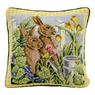 Vintage Needlepoint Rabbit Design Accent Pillow For Sale