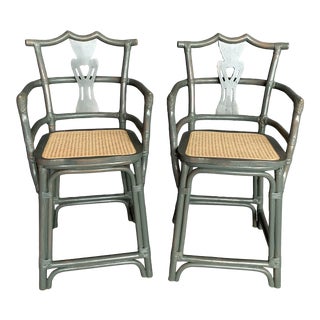 1970s Vintage Pagoda Rattan Counter Stools - a Pair For Sale