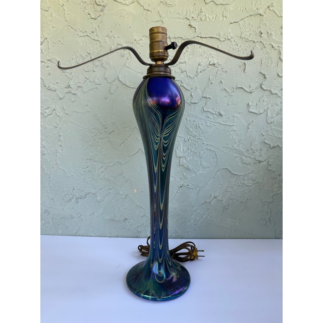 Joseph Clearman Vintage Joe Clearman Signed Iridescent Pulled Feather Art Glass Table Lamp Base For Sale - Image 4 of 12