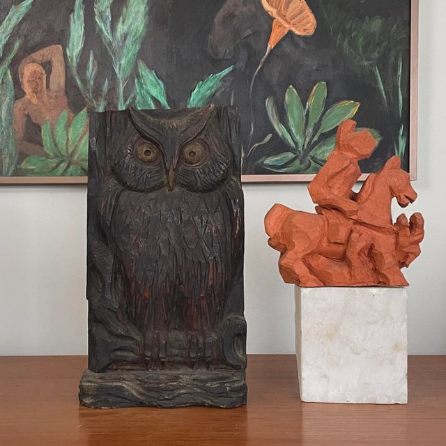 Late 19th C. Primitive Hand Carved Cedarwood Owl Pipe Holder, Signed. Paper attached to the back states: “carved of solid...