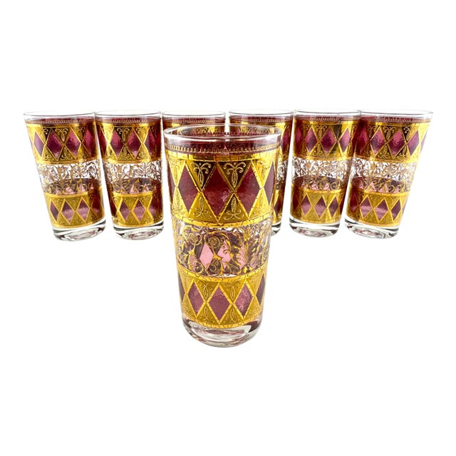 Mid Century West Virginia Glass Company Pink Highball, Regal Amethyst & 22k Gold Harlequin Motif- Set of 7 For Sale