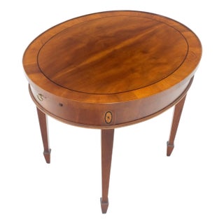 Fine Oval Banded Top Inlayed Yew Wood Pull Out Tray Side End Table Night Stand For Sale