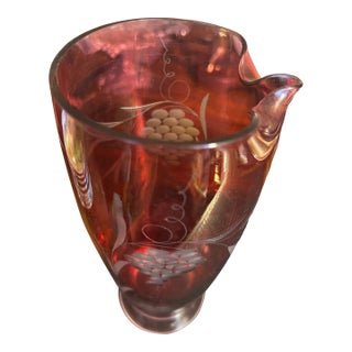 1920s Cranberry Glass Etched Wine Pitcher For Sale