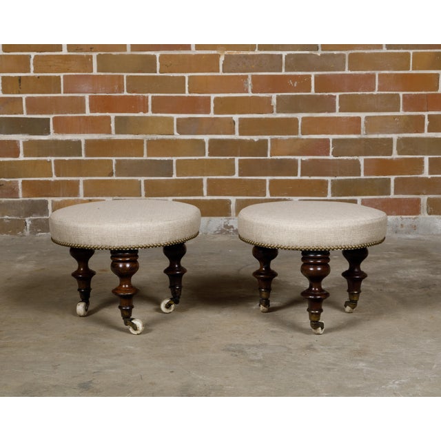 19th Century English Mahogany Stools with 19th Century Turned Legs on Casters, a Pair For Sale - Image 5 of 9