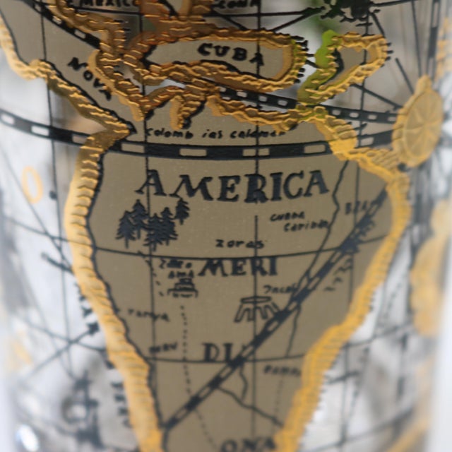Gold Vintage Cera Glass Black and Gold Old World Map Pattern Highball Glasses - Set of 7 For Sale - Image 8 of 11
