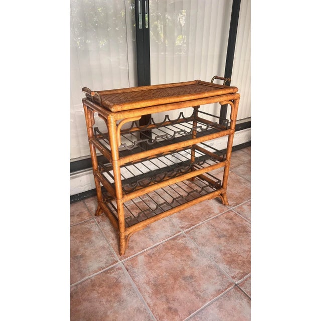 Boho Chic 1990s Maitland-Smith Rattan & Bamboo Bar Cart / Wine Rack With Removable Tray For Sale - Image 3 of 12