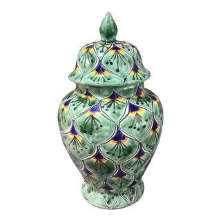 Late 20th Century Hand Painted Talavera Mexican Terra-Cotta Pottery Peacock Feather Motif Ginger Jar Urn For Sale