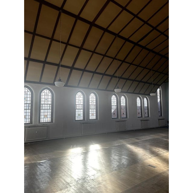 Large Antique English Opaline Milk Glass and Brass Church Pendant, 1890s For Sale - Image 10 of 12