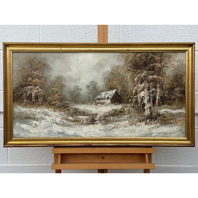 Late 20th Century Snowy Cabin in the Woods - A Serene Winter Landscape Vintage Oil Painting 1975 Circa For Sale - Image 5 of 12