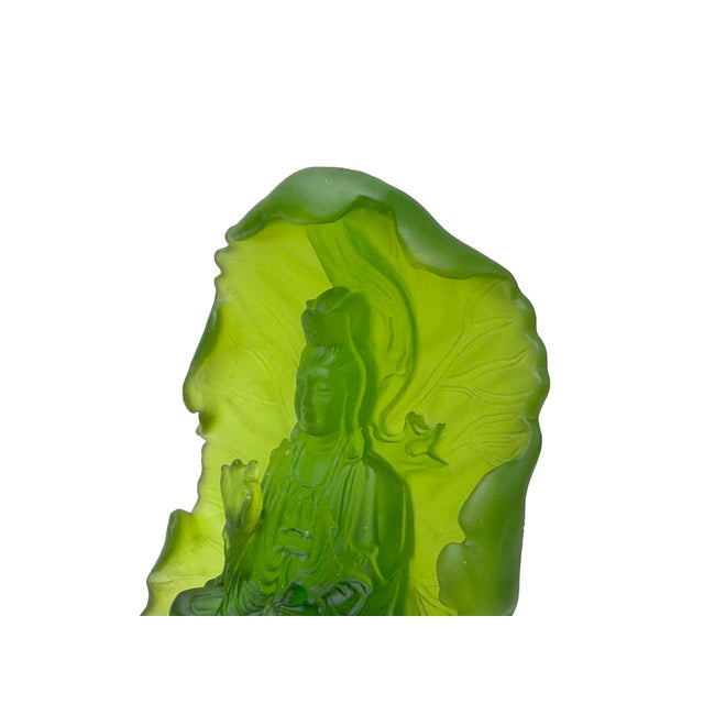 6.5" Lime Green Frosted Crystal Glass Bodhisattva Guanyin Figure For Sale - Image 9 of 11