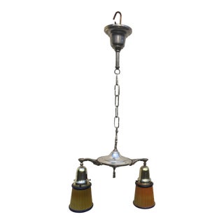 Vintage Two Light Nickel Fixture With Line Gold Shades For Sale