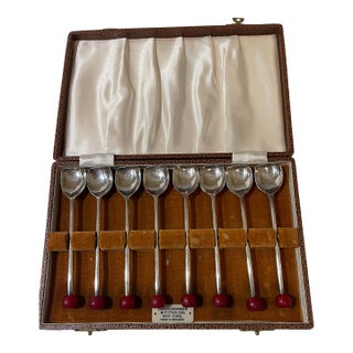 1950s Art Deco Abercrombie & Fitch Silverplated Cocktail Muddler Spoons - Set of 8 with box For Sale