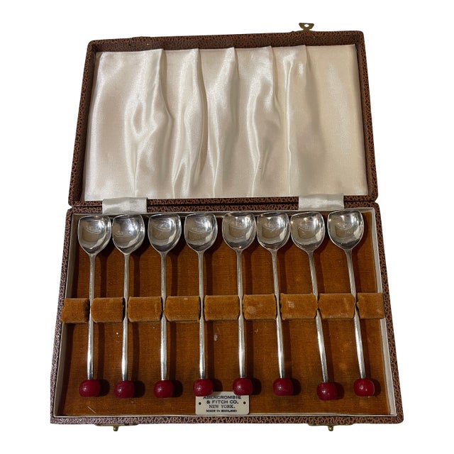 1950s Art Deco Abercrombie & Fitch Silverplated Cocktail Muddler Spoons - Set of 8 with box For Sale