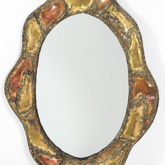 Mid-Century Brutalist Textural Welded Brass & Copper Bordered Signed Mirror For Sale - Image 12 of 16