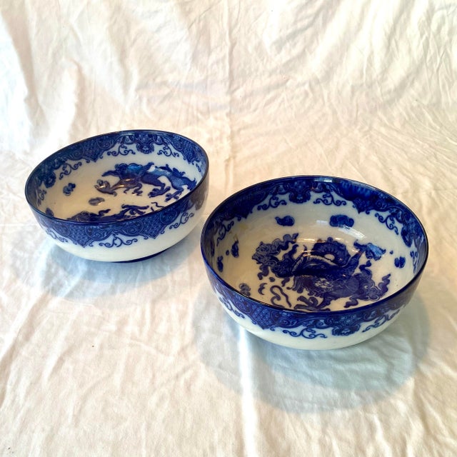 Pair of Antique Blue and White Dragon Bowls Royal Doulton, England, Oyama Pattern For Sale - Image 9 of 12