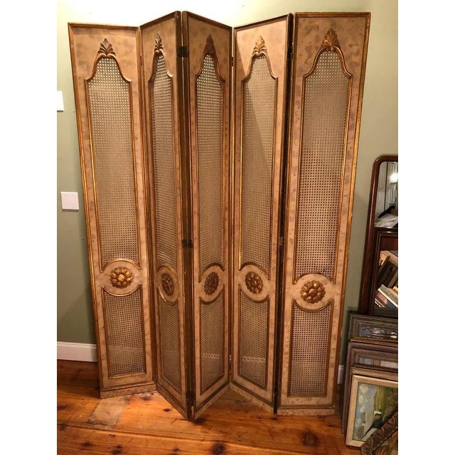 1950s French Five-Paneled Gilt Folding Screen For Sale - Image 12 of 13
