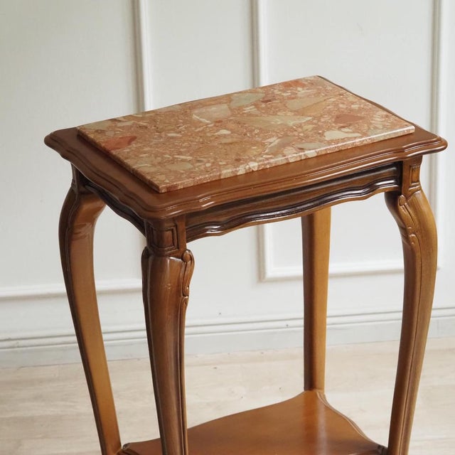 Brown Louis XV Style Wood Side Table with Marble Top and Shelf For Sale - Image 8 of 9