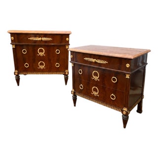 Late 20th Century Pair of Colombo Mobili Italian Empire Plume Walnut & Pink Marble Nightstands For Sale