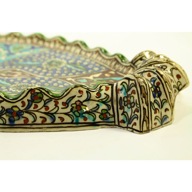 Blue 19th Century Iznik Type Pottery Qajar Polychrome Earthenware Sherbet Serving Tray For Sale - Image 8 of 12