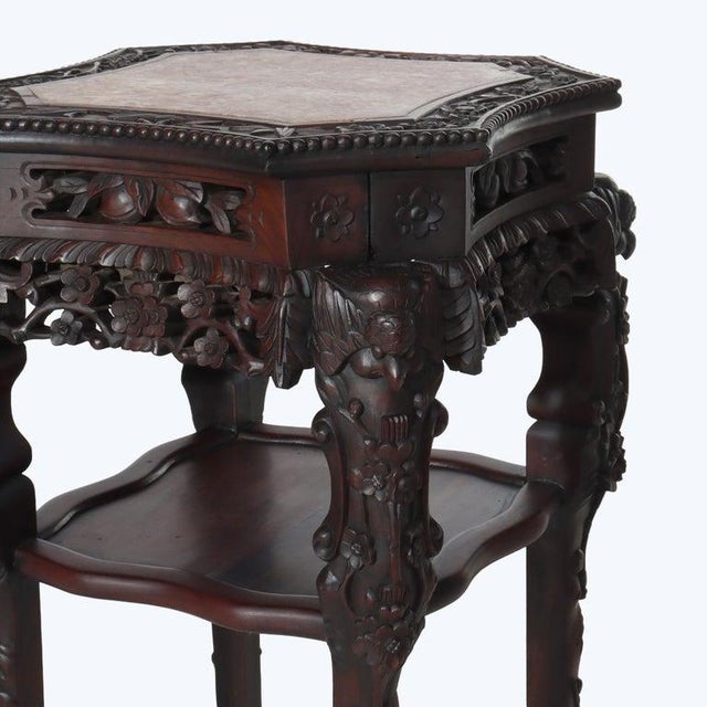 1920s Antique Chinese Floral & Figural Carved Rosewood Rouge Marble Top Stand C1920 For Sale - Image 5 of 12