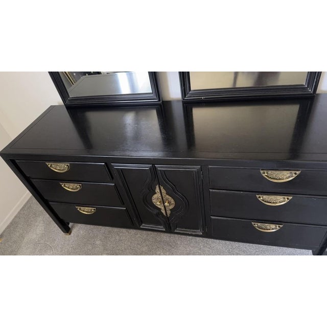 Vintage Century Furniture Chin Hua Ebonized Lacquer Dresser With Double Mirrors & Matching End Cabinet by Raymond Sobota For Sale - Image 9 of 18