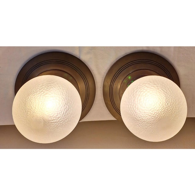 Antique German Art Nouveau Ceiling Lamps with Elaborate Brass Mounting and Original Frosted Relief Glass Shade, 1890s, Set of 2 For Sale - Image 5 of 8