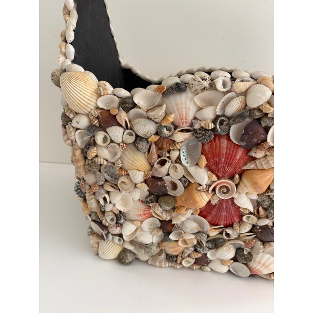 Large Vintage Seashell-Encrusted Wooden Basket With Handle – Handmade Coastal Folk Art Beach House Decor For Sale In Orlando - Image 6 of 12