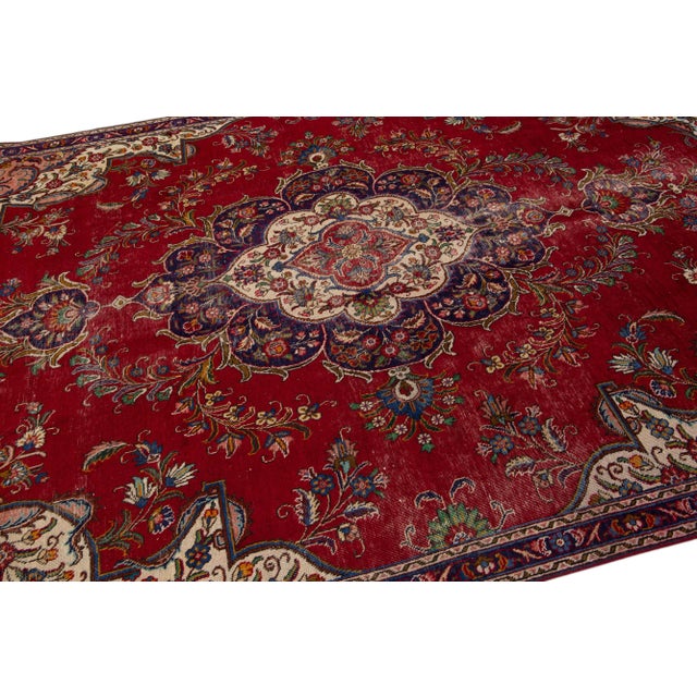 1960s Vintage Persian Tabriz Handmade Medallion Red Wool Rug For Sale In New York - Image 6 of 7