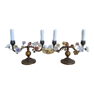 19thc French Louis XVI Bronze W/ Porcelain Flowers on Vines - Boudoir Table Lamps a - Pair